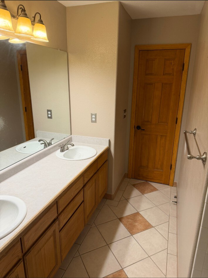Littleton bathroom before renovation with wood double vanity and oversized wall mirror