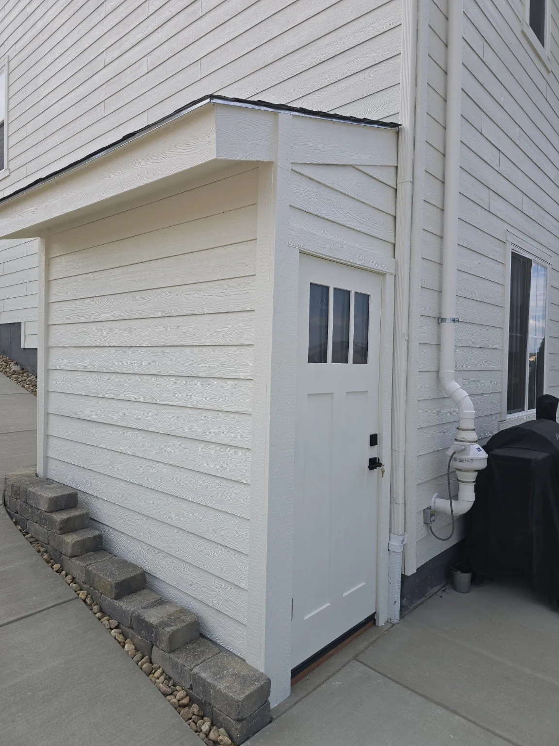 Completed enclosed exterior basement entrance with white lap siding and a glazed entry door on a Castle Rock home
