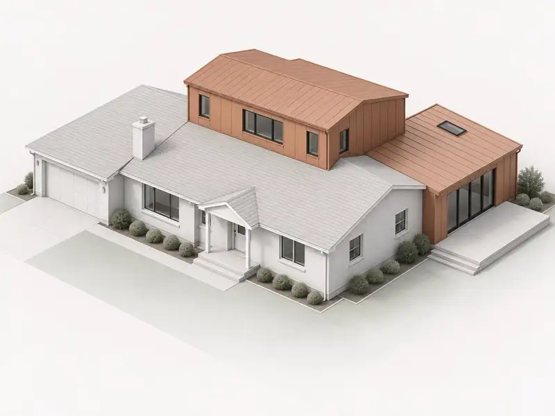 Conceptual isometric 3D render of a ranch house with a rear addition and a second-story addition highlighted in copper.