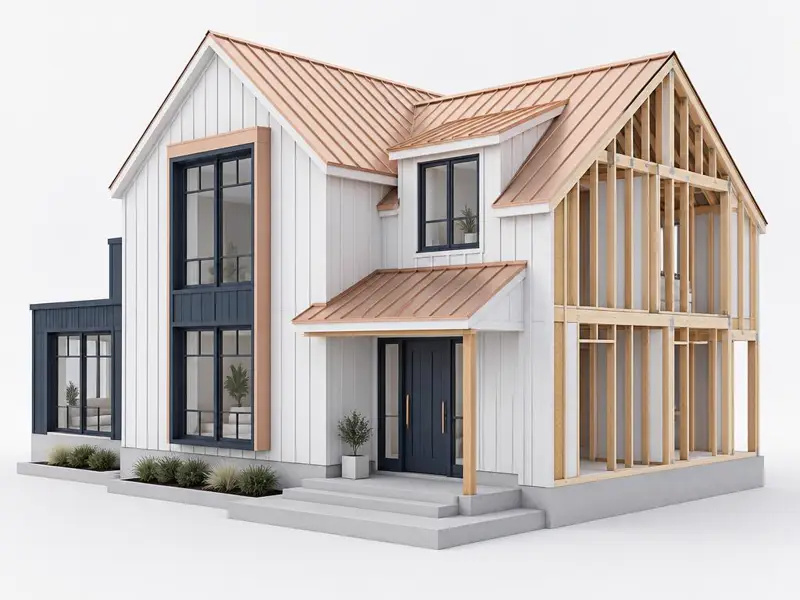 Conceptual isometric 3D render of a house exterior with new siding, windows, an entry door and exposed wall framing.