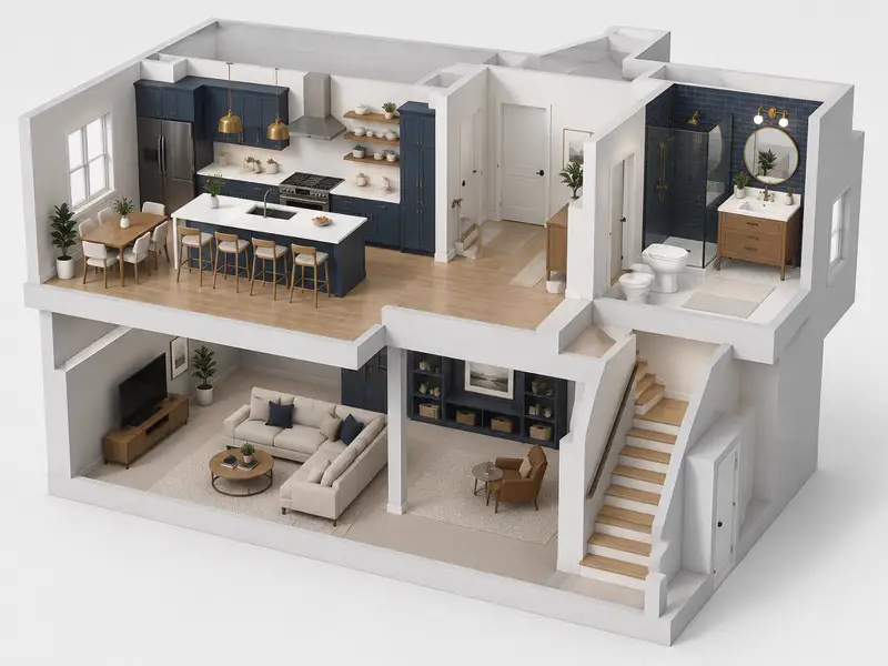 Conceptual isometric cutaway render of a house showing a remodeled kitchen, a bathroom and a finished basement.
