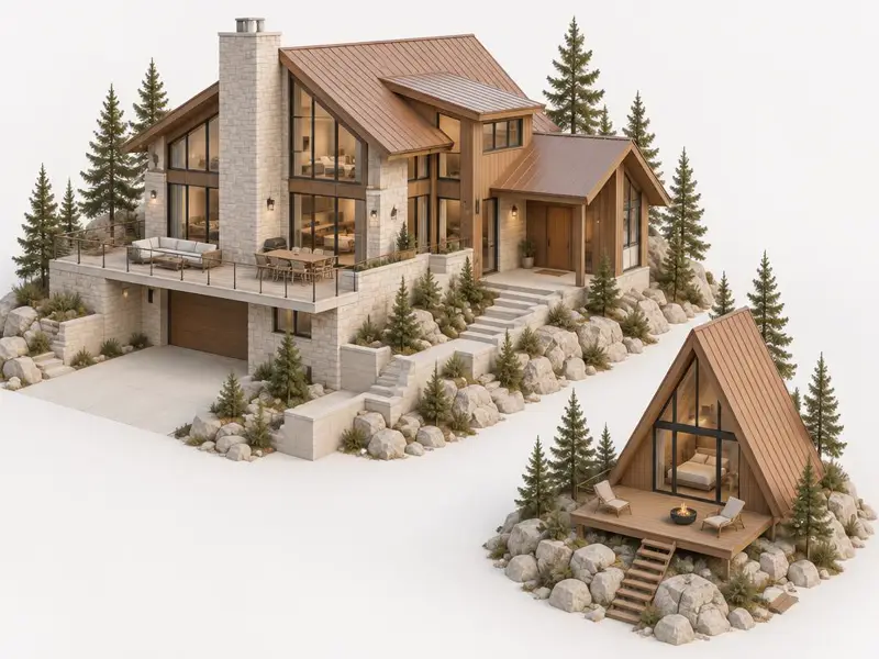 Conceptual isometric 3D render of a Colorado custom home and a small A-frame mountain cabin among pine trees.