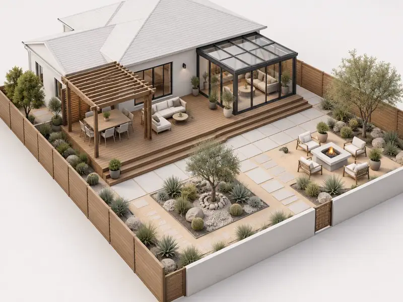Conceptual isometric 3D render of a backyard with a deck, pergola, glass sunroom and low-maintenance landscaping.